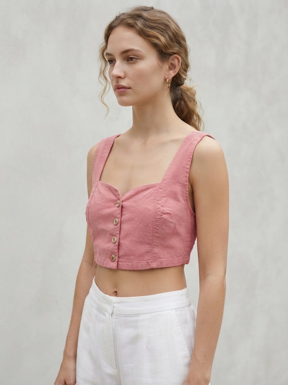 Vintage Canary Island Coral Pink Crop Top Button-Front Tank Top Size Medium